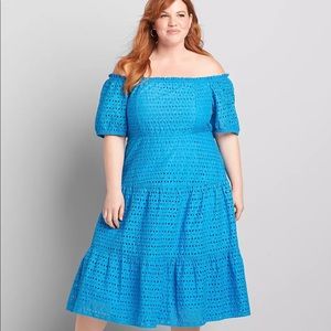 Blue mid length off the shoulder dress